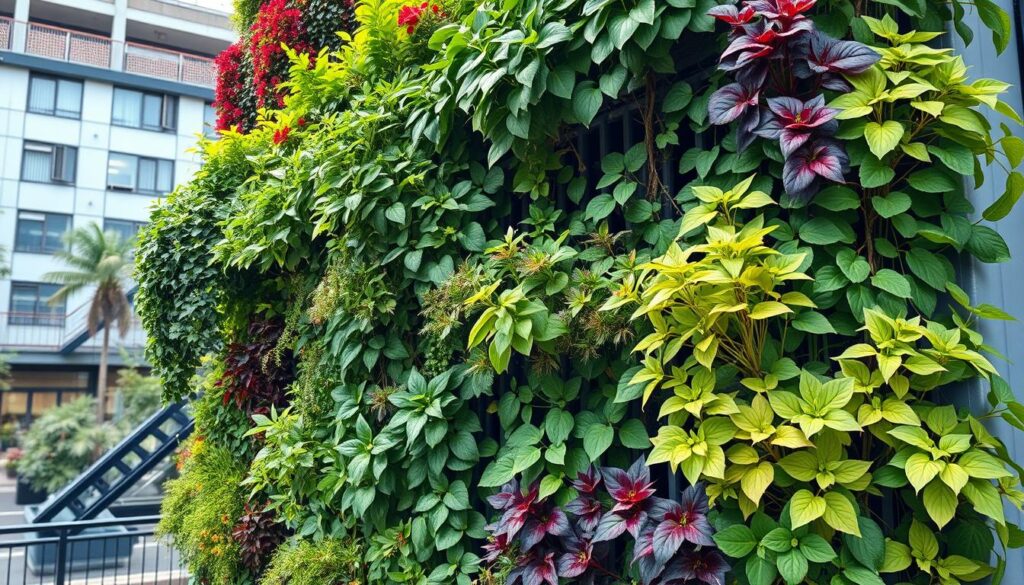 A beautiful, thriving vertical garden in an urban setting showing diverse healthy plants A beautiful, thriving vertical garden in an urban setting showing diverse healthy plants