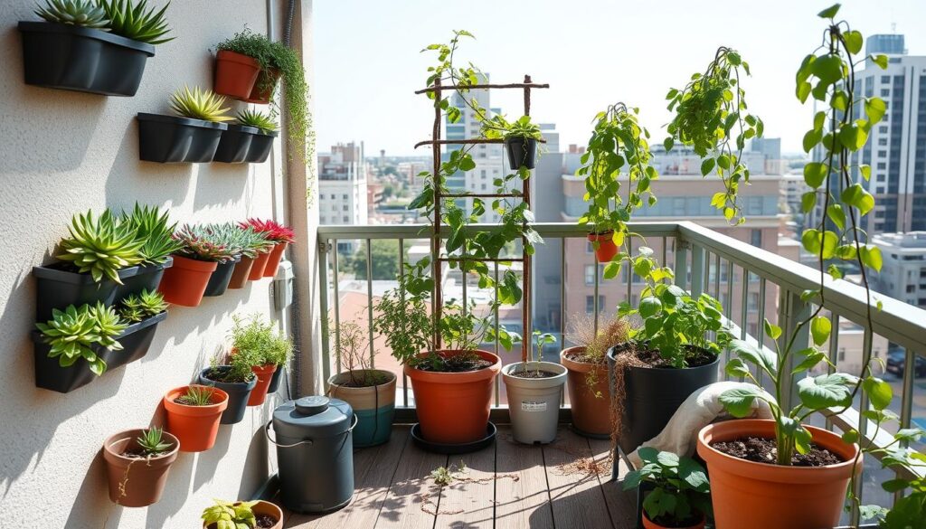 A complete balcony setup with drought-resistant plants in a vertical arrangement A complete balcony setup with drought-resistant plants in a vertical arrangement