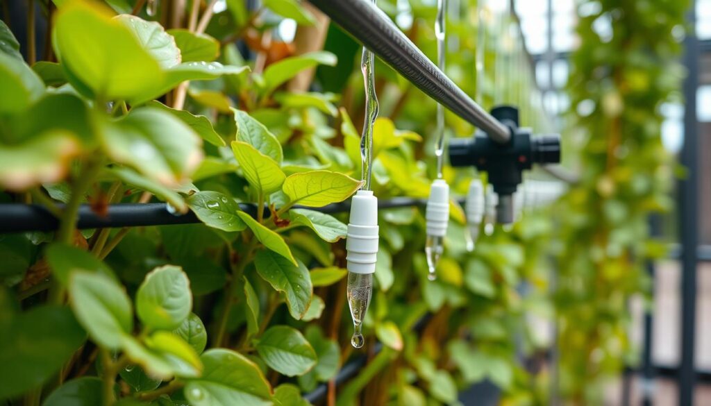 A drip irrigation system installed in a vertical garden with water droplets visible on plants A drip irrigation system installed in a vertical garden with water droplets visible on plants