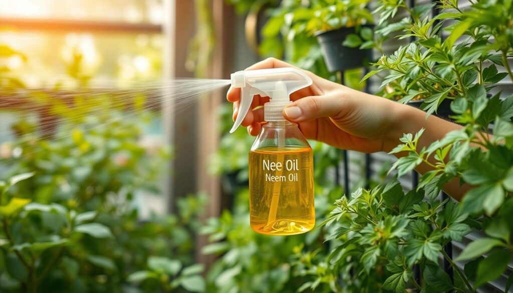 A person applying neem oil solution to plants in a vertical garden using a spray bottle A person applying neem oil solution to plants in a vertical garden using a spray bottle