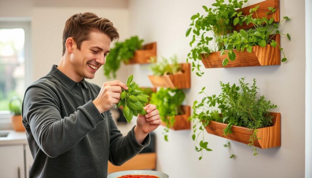A person enjoying fresh herbs from their vertical wall garden while cooking A person enjoying fresh herbs from their vertical wall garden while cooking
