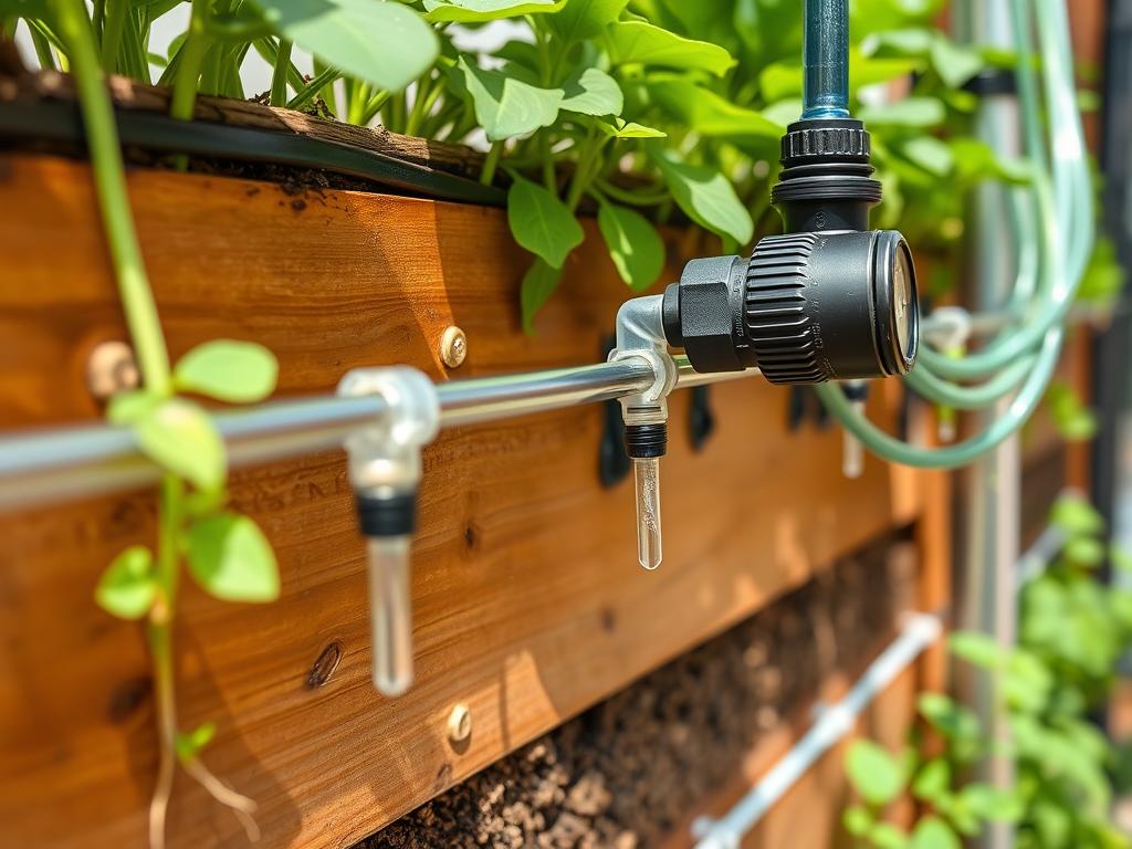 A simple drip irrigation system installed on a vertical garden structure A simple drip irrigation system installed on a vertical garden structure