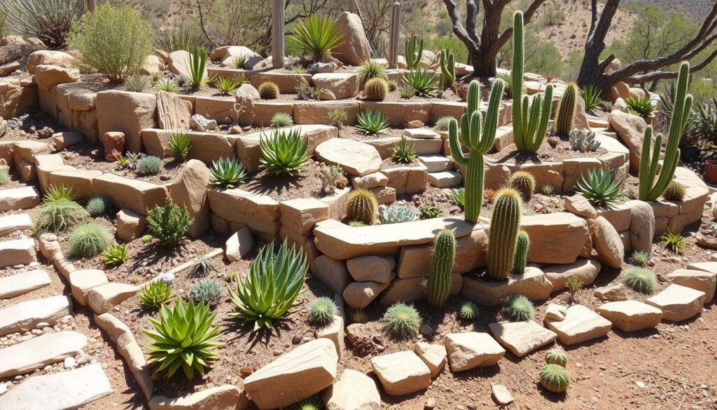A terraced garden setup for growing succulents and cacti in a dry climate A terraced garden setup for growing succulents and cacti in a dry climate