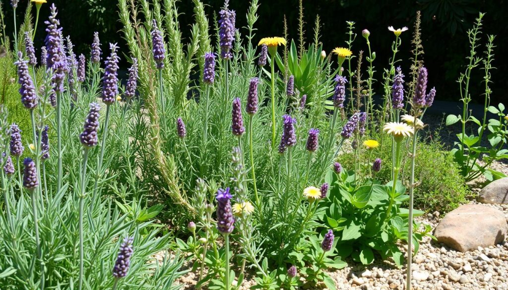 A thriving drought-tolerant herb garden with multiple varieties growing together A thriving drought-tolerant herb garden with multiple varieties growing together