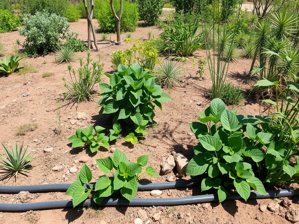 A thriving garden with diverse plants irrigated by a greywater home gardening system A thriving garden with diverse plants irrigated by a greywater home gardening system