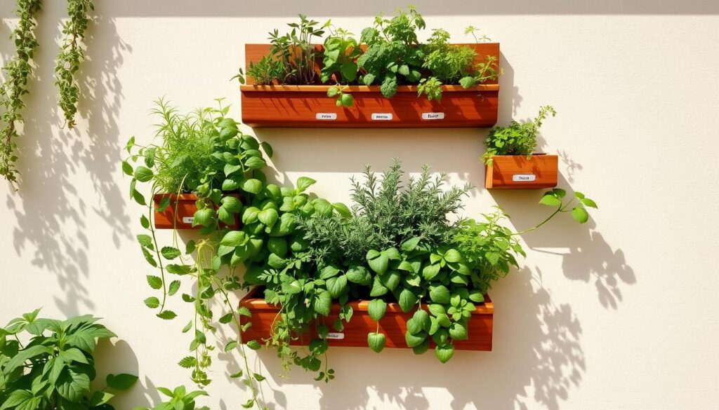 A thriving vertical herb garden showing various herbs growing in wall planters with labels A thriving vertical herb garden showing various herbs growing in wall planters with labels