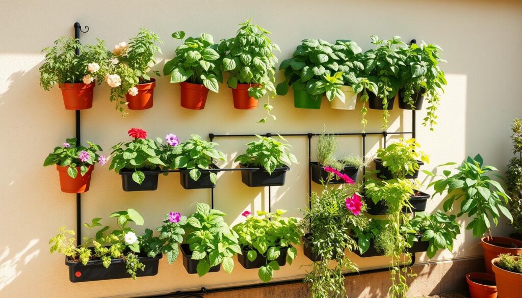 A vertical garden setup against a sunny wall with proper spacing and accessibility A vertical garden setup against a sunny wall with proper spacing and accessibility