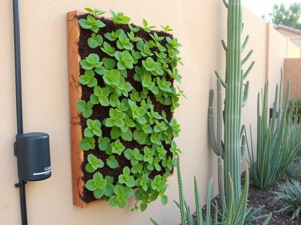 A water-smart vertical garden in an arid climate with drip irrigation system A water-smart vertical garden in an arid climate with drip irrigation system