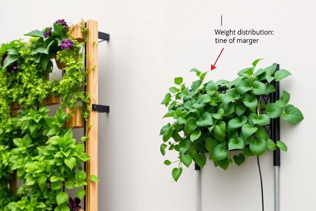 A well-designed vertical garden structure showing proper weight distribution and secure mounting A well-designed vertical garden structure showing proper weight distribution and secure mounting