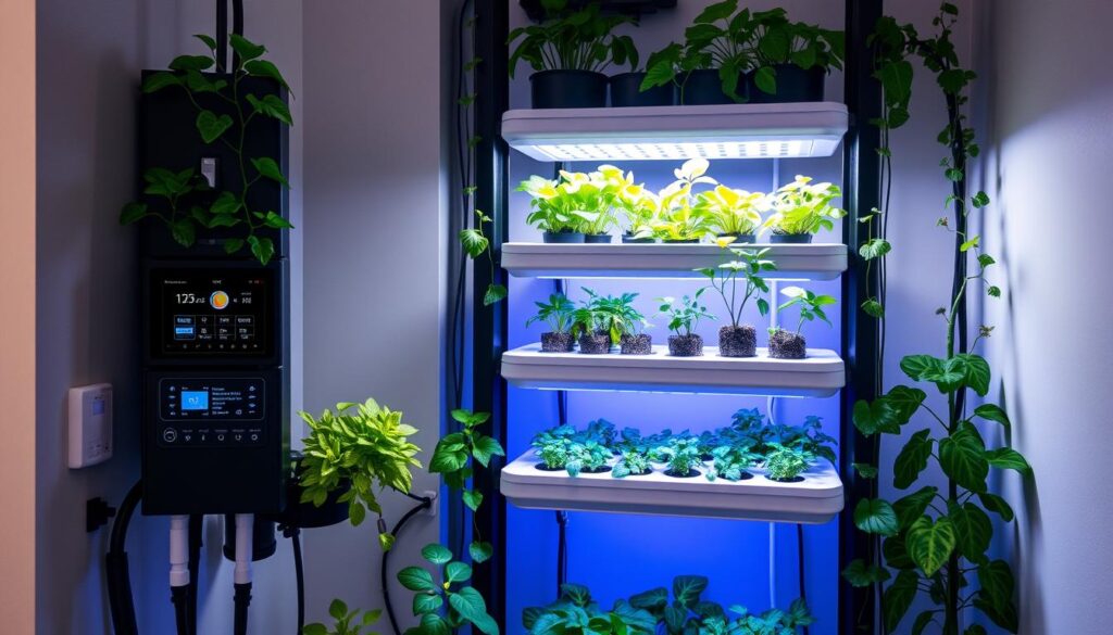 Advanced indoor vertical garden with LED lighting and hydroponics system with automation features Advanced indoor vertical garden with LED lighting and hydroponics system with automation features