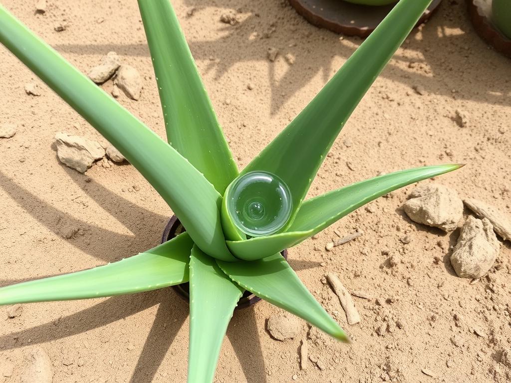 Aloe vera plant growing in dry soil with medicinal gel visible in a cut leaf Aloe vera plant growing in dry soil with medicinal gel visible in a cut leaf