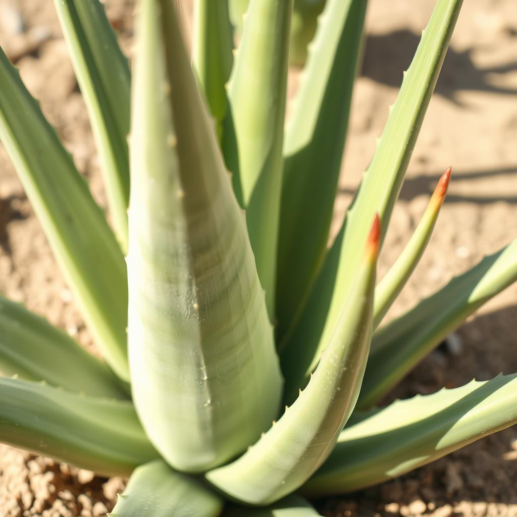 Aloe vera plant with thick, succulent leaves growing in dry soil Aloe vera plant with thick, succulent leaves growing in dry soil