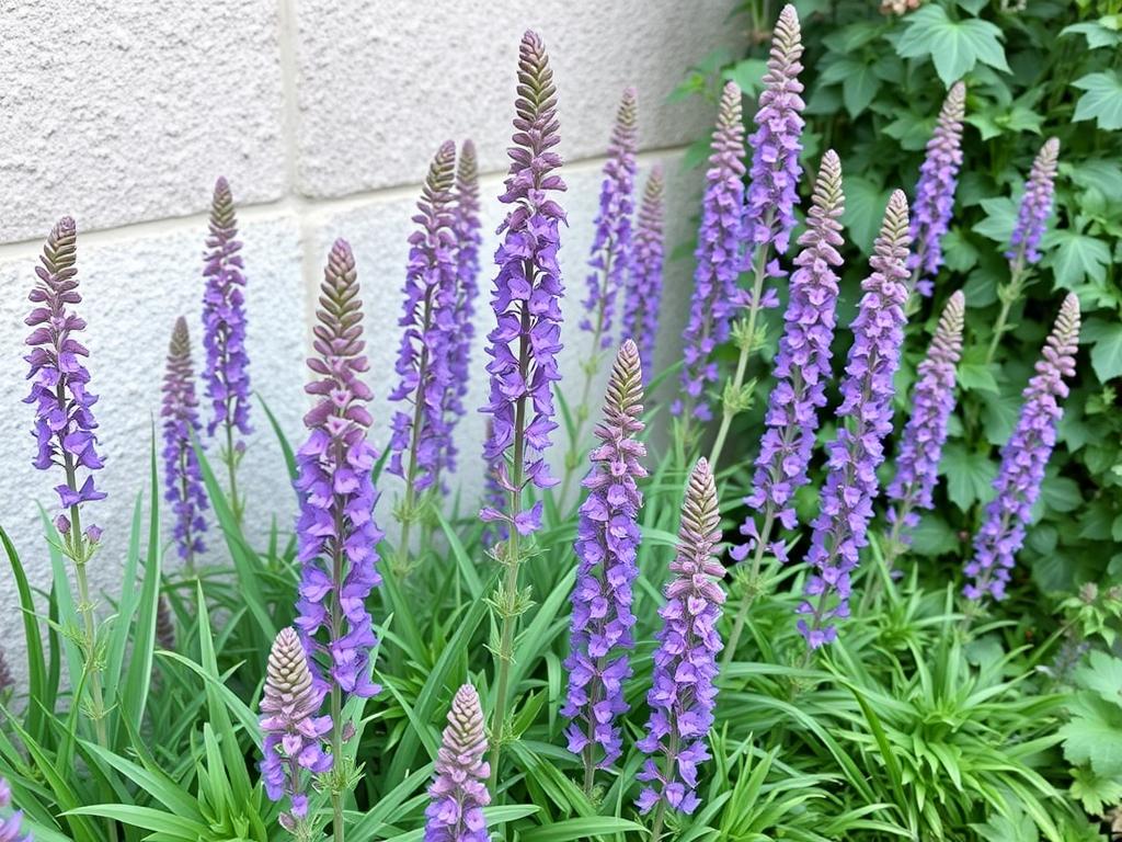 Angelonia with purple flower spikes in a vertical garden installation Angelonia with purple flower spikes in a vertical garden installation