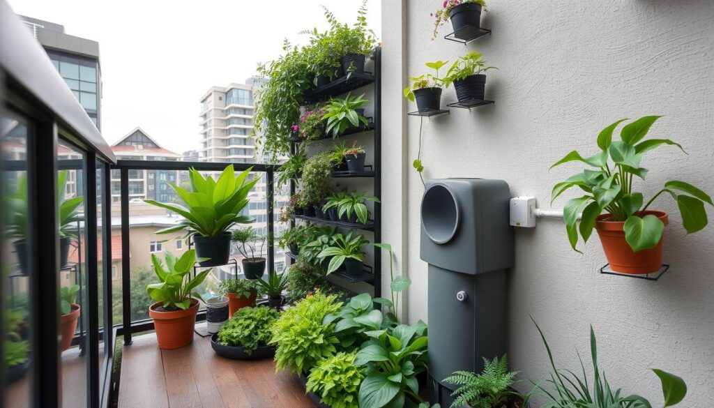 Apartment balcony vertical garden in Seattle with rain collection system Apartment balcony vertical garden in Seattle with rain collection system