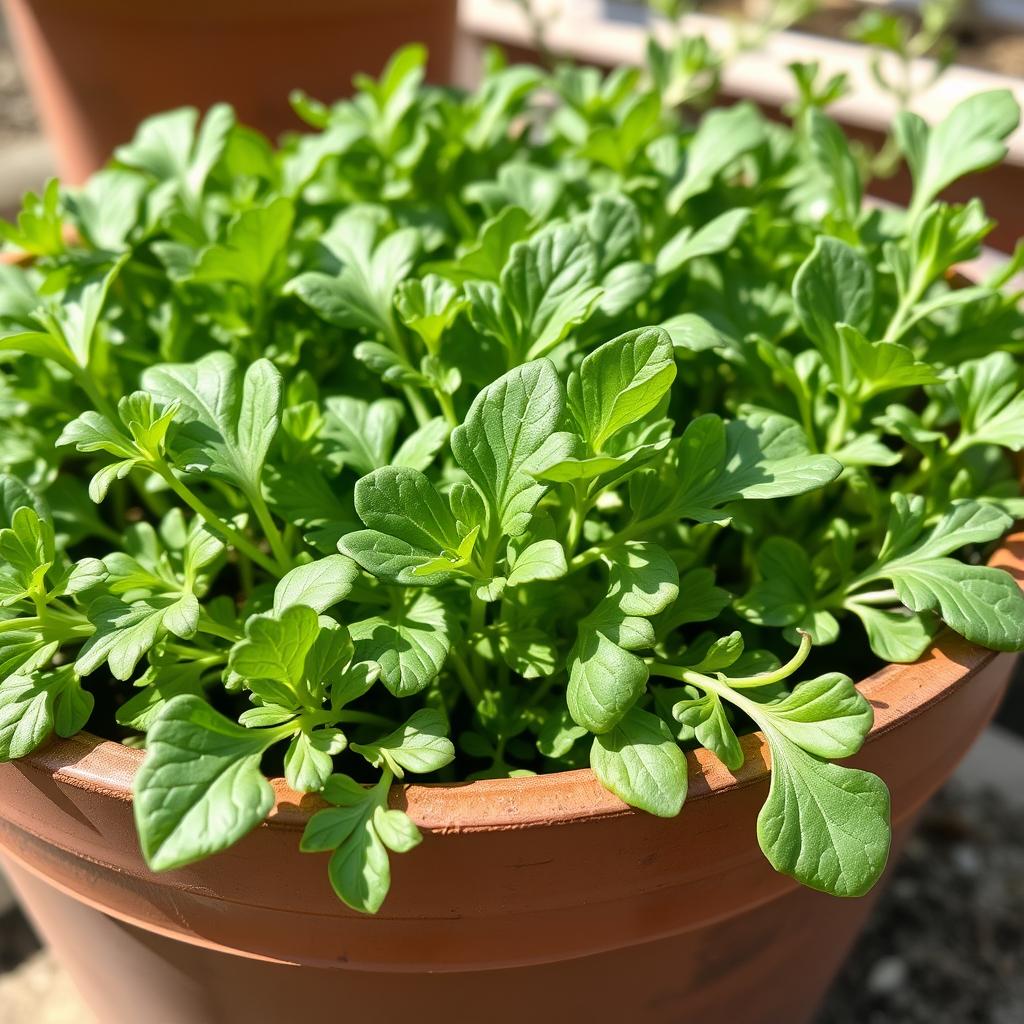 Arugula growing in a shallow container garden Arugula growing in a shallow container garden