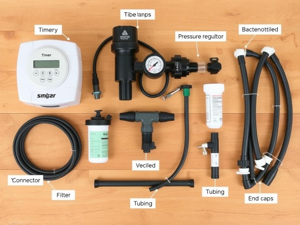 Basic components needed for a DIY drip irrigation system laid out and labeled Basic components needed for a DIY drip irrigation system laid out and labeled