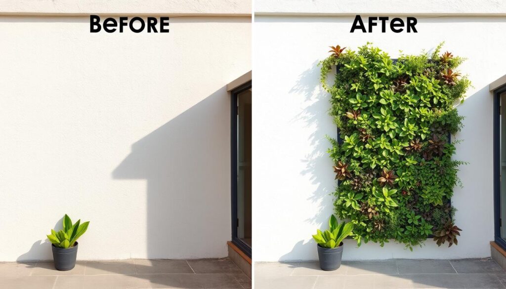 Before and after of a wall transformed with a vertical garden using recycled materials Before and after of a wall transformed with a vertical garden using recycled materials