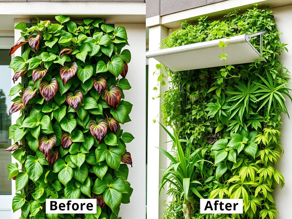 Before and after photos of a vertical garden with and without proper shade cover in high heat Before and after photos of a vertical garden with and without proper shade cover in high heat