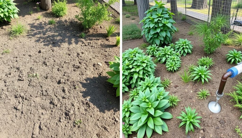 Before and after transformation of a garden using a greywater system Before and after transformation of a garden using a greywater system