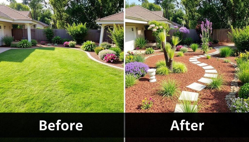 Before and after transformation of a yard into a drought-resistant garden Before and after transformation of a yard into a drought-resistant garden