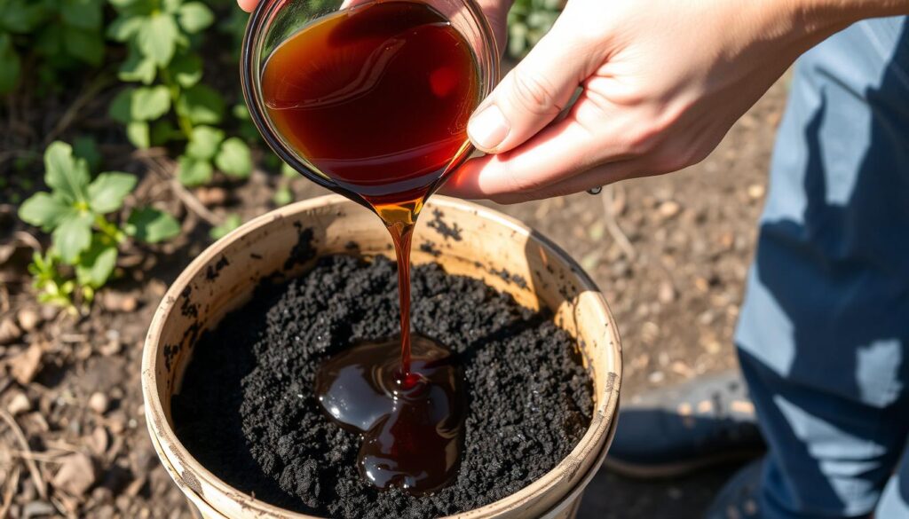 Biochar being charged with compost tea before application to soil Biochar being charged with compost tea before application to soil