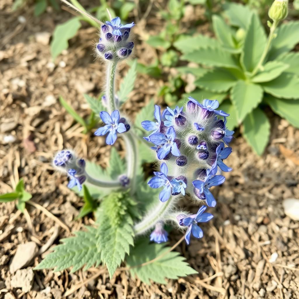 Borage plant with blue star-shaped flowers growing in a dry garden Borage plant with blue star-shaped flowers growing in a dry garden