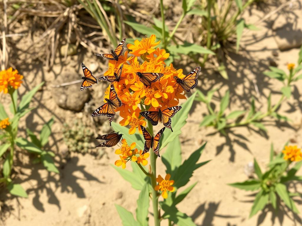 Butterfly milkweed with bright orange flowers attracting pollinators in a dry garden, demonstrating how native drought-tolerant plants support biodiversity and sustainability Butterfly milkweed with bright orange flowers attracting pollinators in a dry garden, demonstrating how native drought-tolerant plants support biodiversity and sustainability