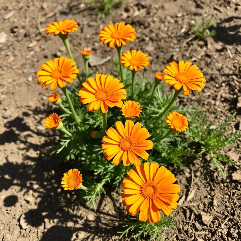 Calendula flowers with bright orange petals growing in dry conditions Calendula flowers with bright orange petals growing in dry conditions