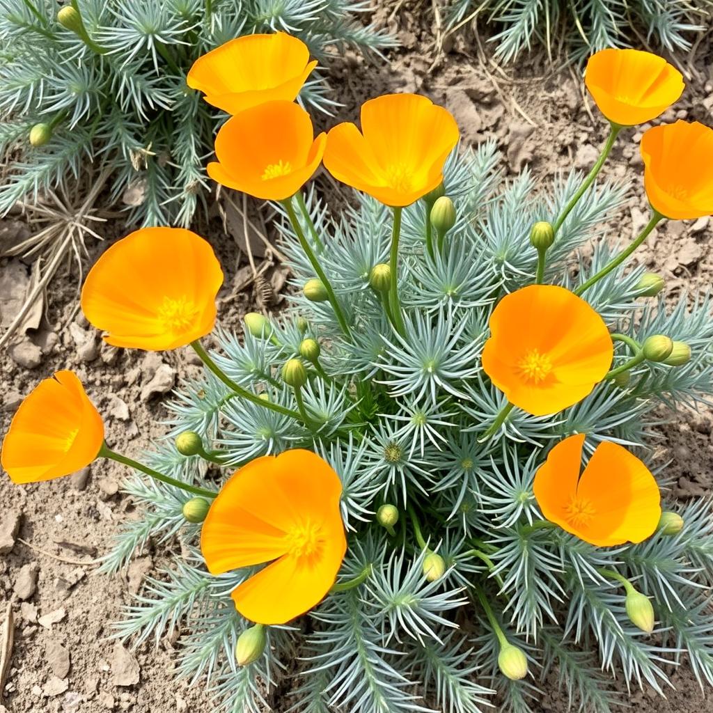 California poppies with bright orange flowers and blue-green foliage California poppies with bright orange flowers and blue-green foliage