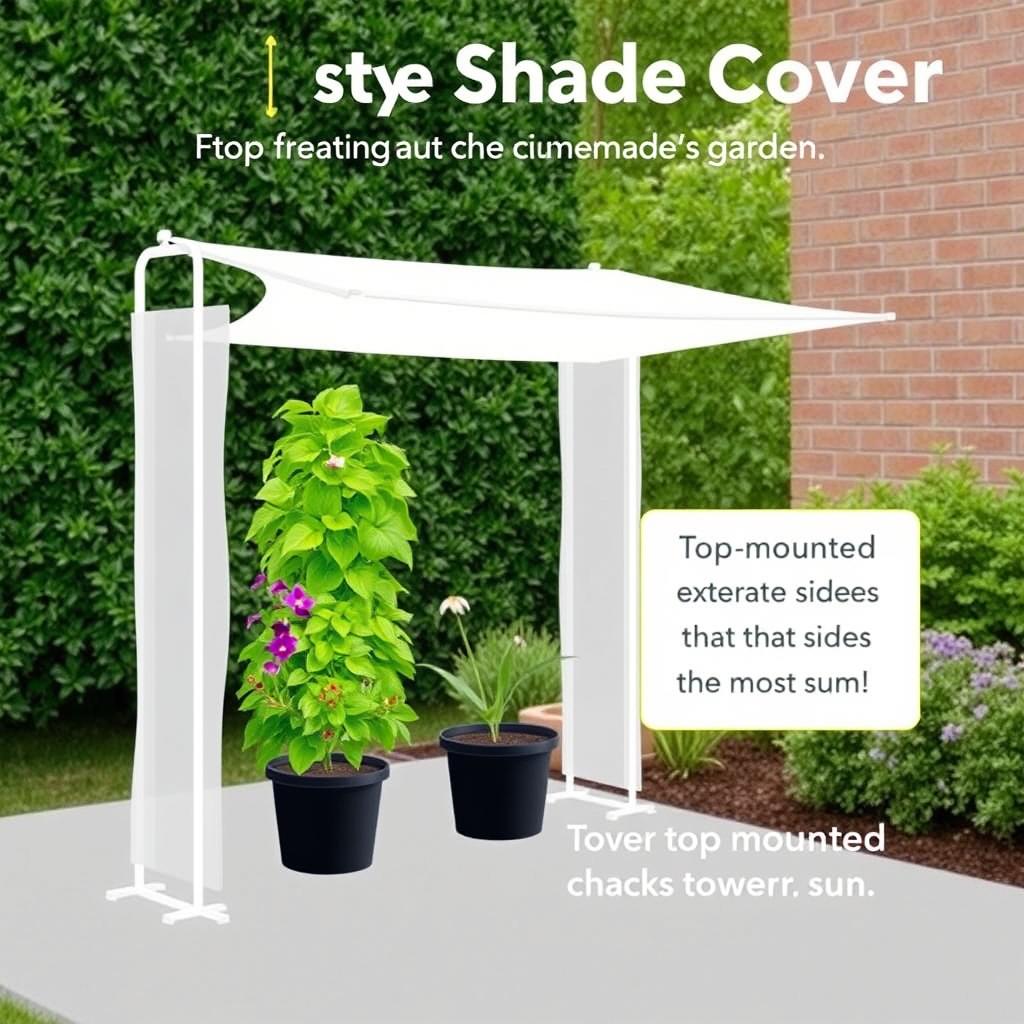 Canopy-style shade cover for freestanding vertical garden towers Canopy-style shade cover for freestanding vertical garden towers