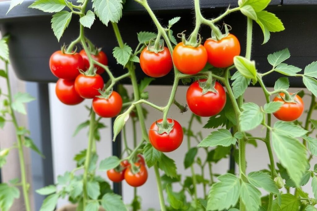 Cherry tomatoes growing in a vertical container system Cherry tomatoes growing in a vertical container system