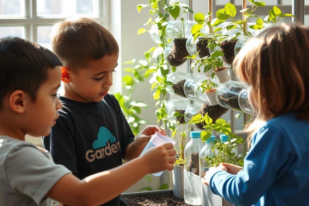 Children learning with a vertical garden made from recycled materials Children learning with a vertical garden made from recycled materials
