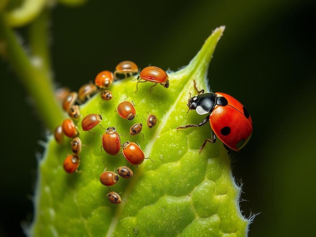 Close-up of aphids on a plant leaf in a vertical garden with a natural predator ladybug approaching Close-up of aphids on a plant leaf in a vertical garden with a natural predator ladybug approaching