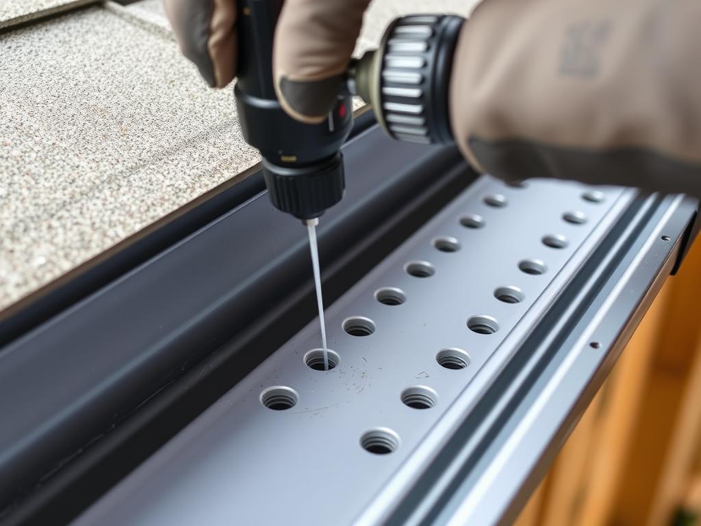 Close-up of drilling drainage holes in gutter bottom Close-up of drilling drainage holes in gutter bottom