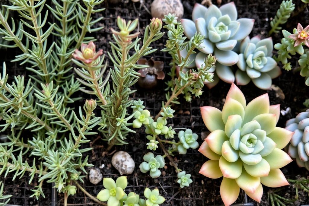 Close-up of drought-tolerant herbs and succulents in a vertical garden system Close-up of drought-tolerant herbs and succulents in a vertical garden system