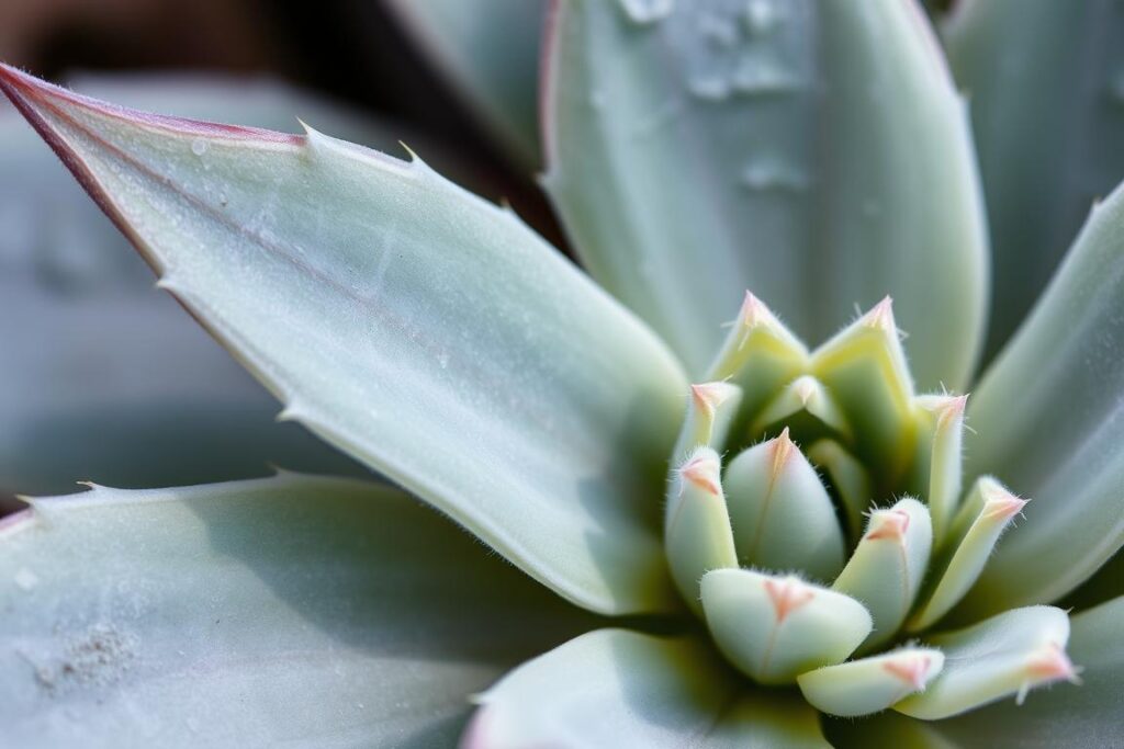 Close-up of drought-tolerant plant adaptations showing waxy leaves, silver foliage, and water-storing structures that help native plants survive in arid regions Close-up of drought-tolerant plant adaptations showing waxy leaves, silver foliage, and water-storing structures that help native plants survive in arid regions