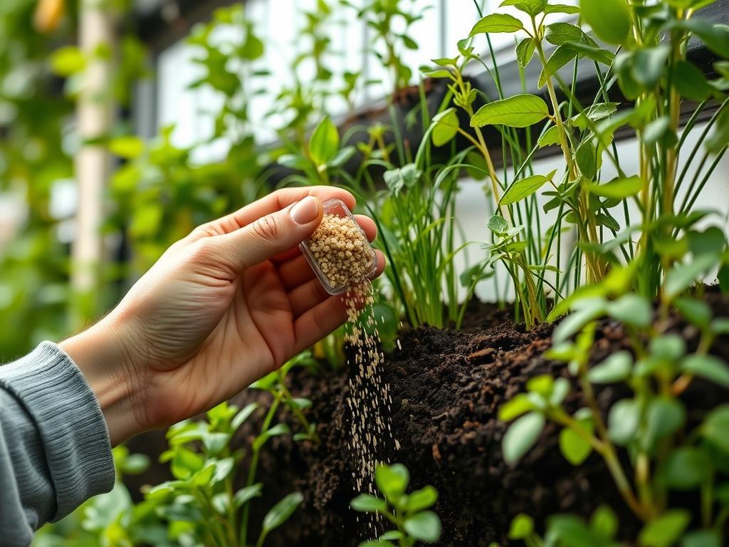 Close-up of hands applying organic fertilizer to plants in a vertical garden Close-up of hands applying organic fertilizer to plants in a vertical garden