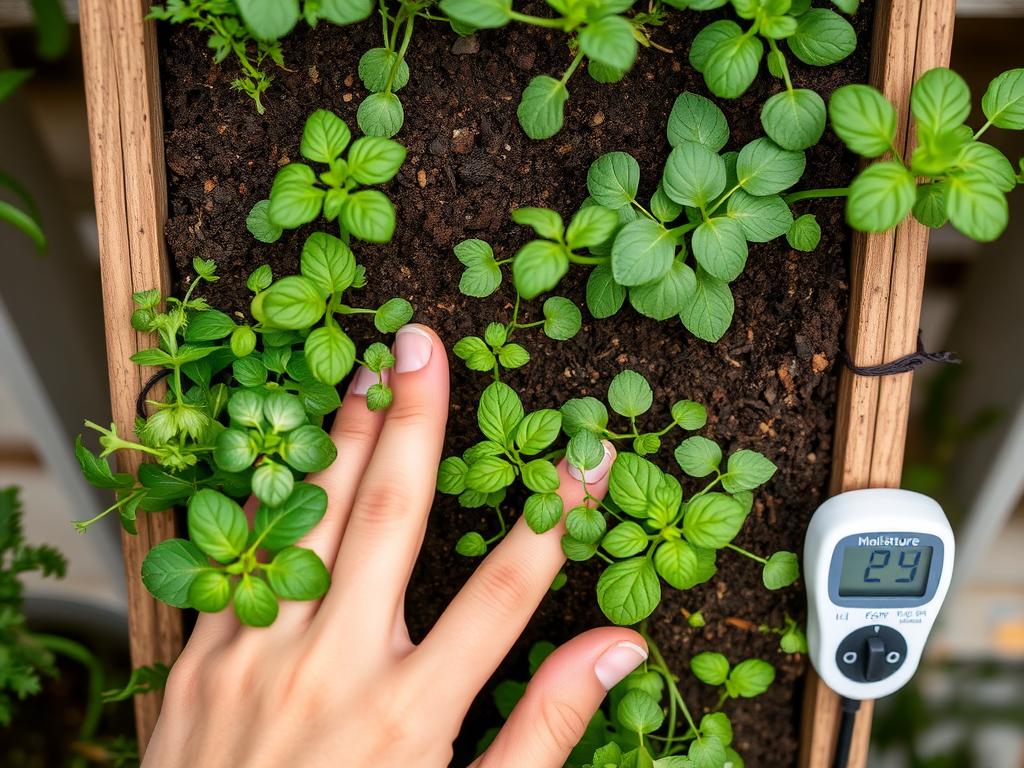 Close-up of hands checking soil moisture in a vertical herb planter Close-up of hands checking soil moisture in a vertical herb planter