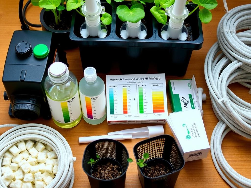 Close-up of hydroponic system components for an indoor vertical garden with LED lighting Close-up of hydroponic system components for an indoor vertical garden with LED lighting