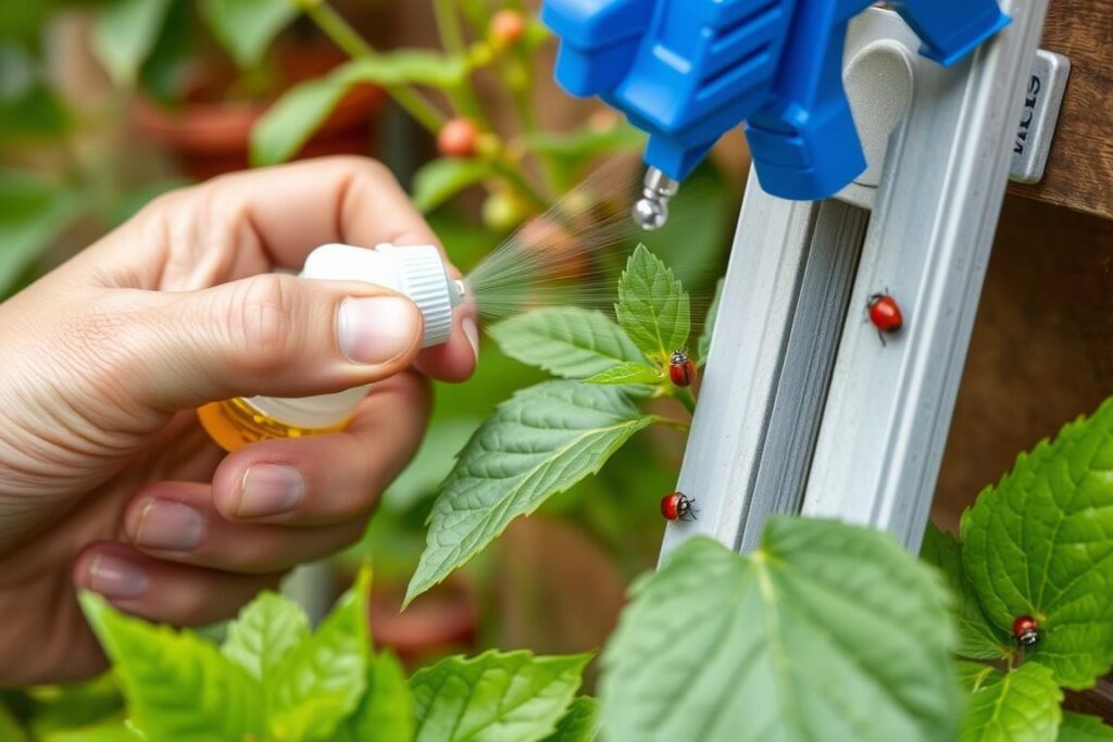 Close-up of natural pest control methods being applied to vertical garden plants Close-up of natural pest control methods being applied to vertical garden plants