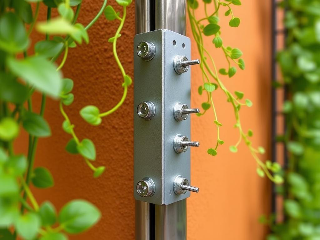 Close-up of proper mounting hardware for a vertical garden showing wall anchors and brackets Close-up of proper mounting hardware for a vertical garden showing wall anchors and brackets