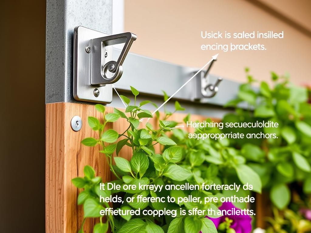 Close-up of properly installed mounting brackets for a vertical garden shade cover Close-up of properly installed mounting brackets for a vertical garden shade cover