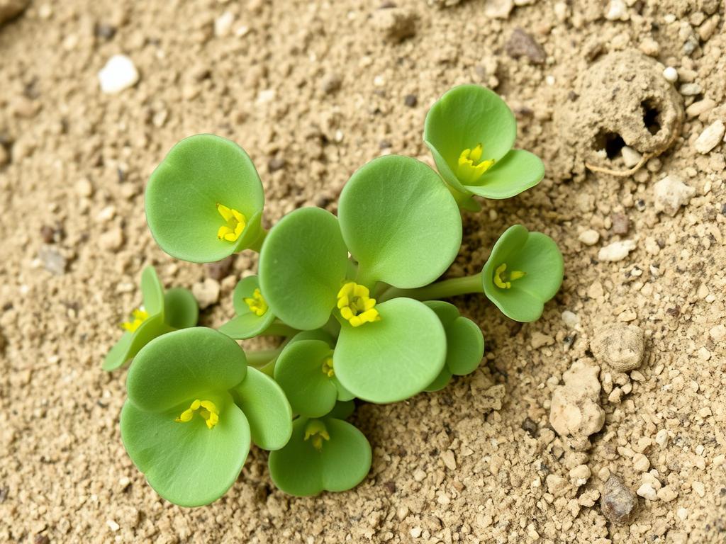 Close-up of purslane growing in sandy soil in a dry climate garden Close-up of purslane growing in sandy soil in a dry climate garden
