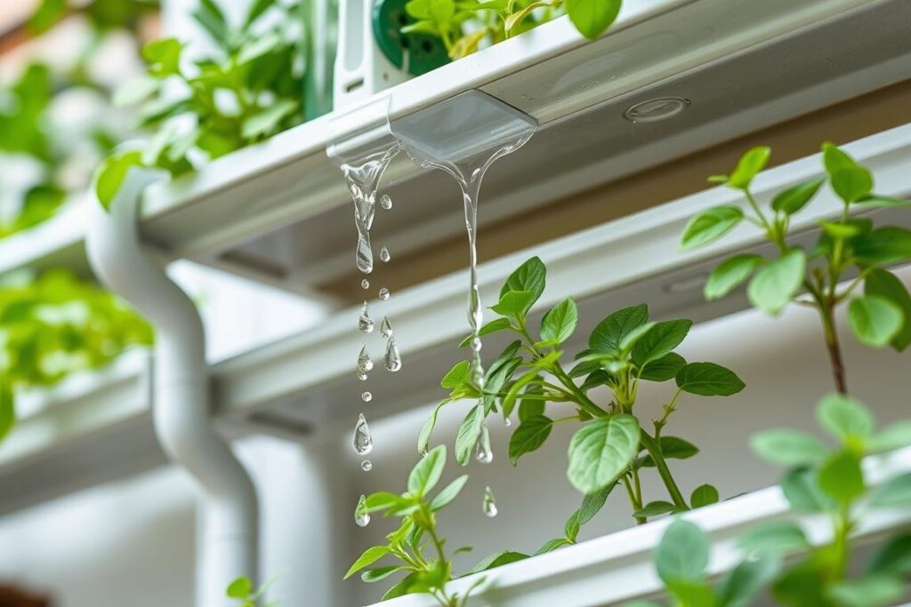 Close-up of water dripping system in a vertical gutter garden Close-up of water dripping system in a vertical gutter garden