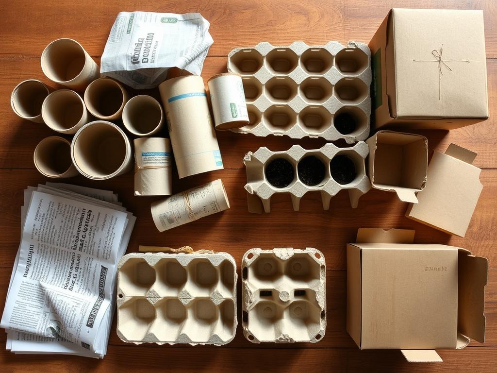 Collection of recycled materials for making seed starting trays Collection of recycled materials for making seed starting trays
