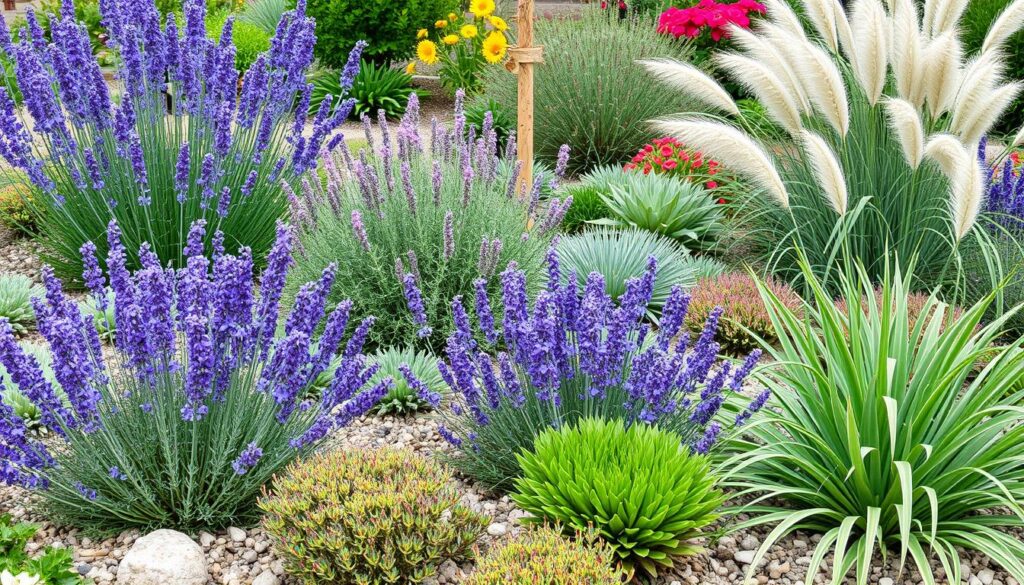 Colorful garden of drought-resistant plants showing water-saving gardening practices Colorful garden of drought-resistant plants showing water-saving gardening practices
