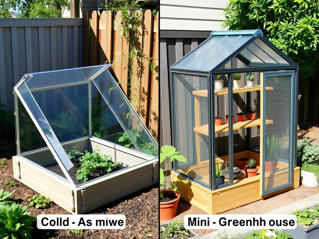 Comparison of a cold frame (low structure) and mini greenhouse (taller structure) in a small garden setting Comparison of a cold frame (low structure) and mini greenhouse (taller structure) in a small garden setting
