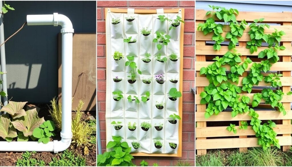 Comparison of three DIY vertical gardening structures side by side showing different applications Comparison of three DIY vertical gardening structures side by side showing different applications