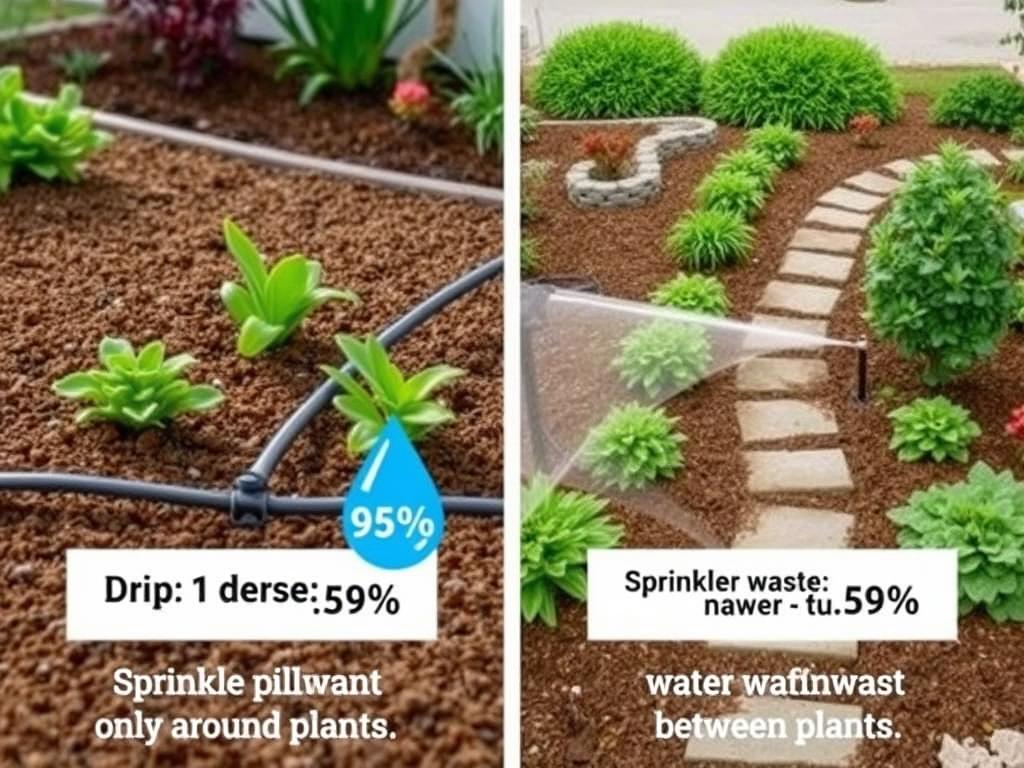 Comparison showing water usage between drip irrigation and traditional sprinkler system Comparison showing water usage between drip irrigation and traditional sprinkler system