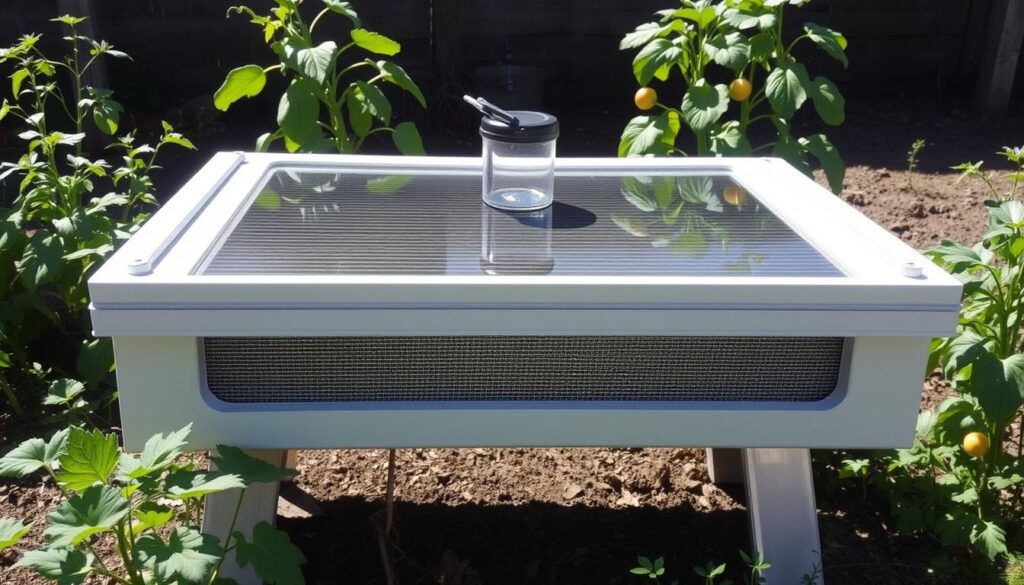 Completed inexpensive solar dehydrator in a garden setting Completed inexpensive solar dehydrator in a garden setting